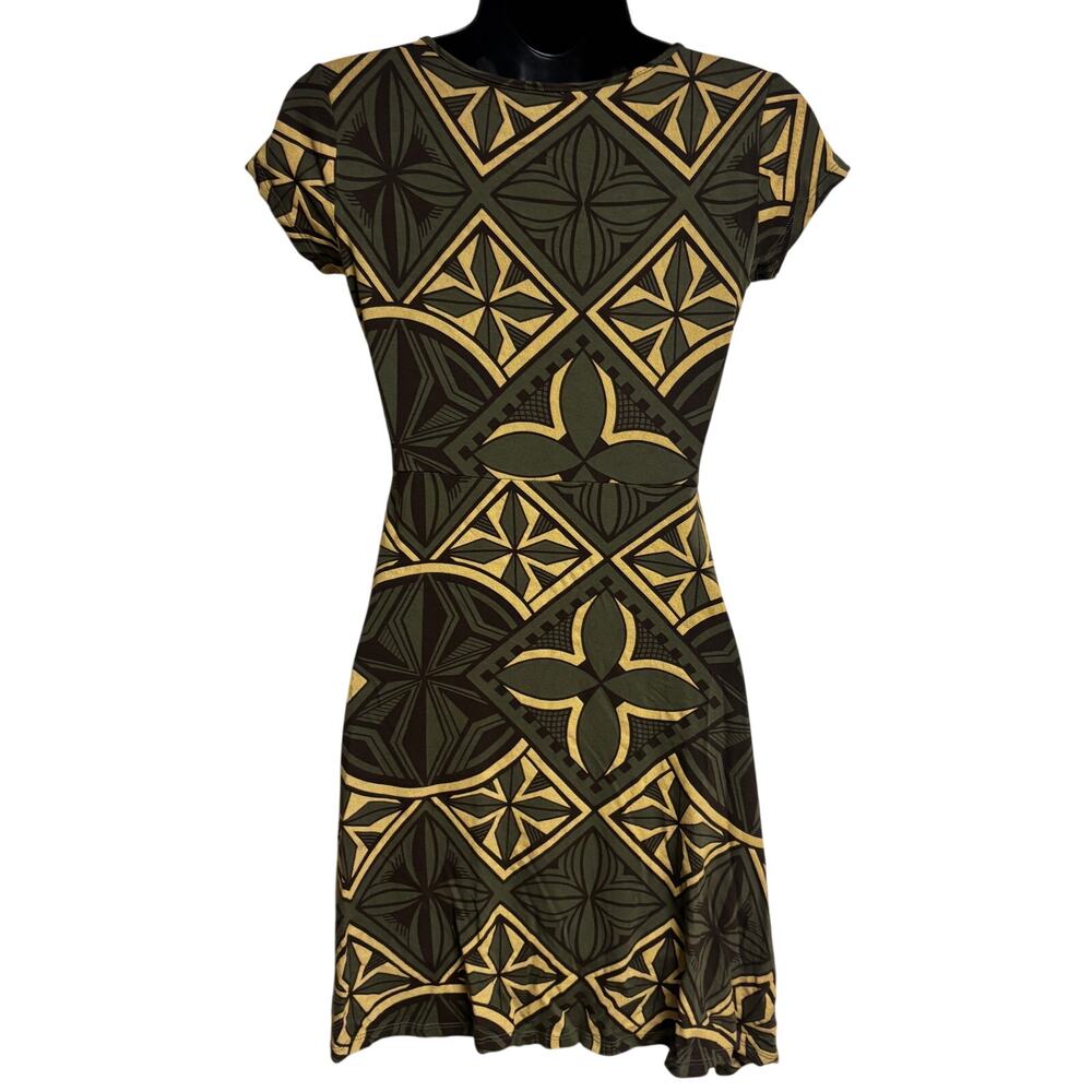 Tanoa Girls 14 Tribal Print Dress Olive Green Gold Short Sleeve Tribal Samoan - Picture 4 of 8